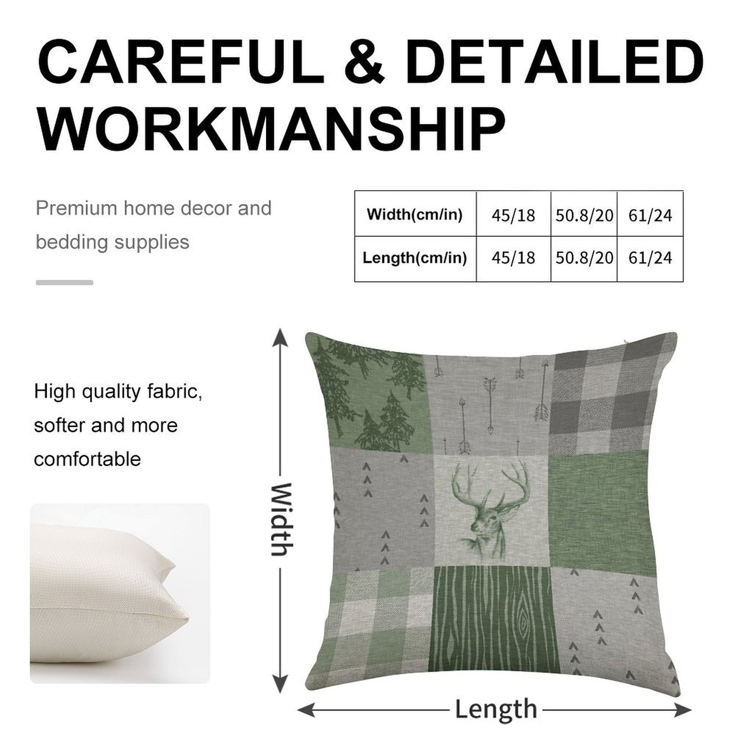 Rustic Deer Patchwork - GreenGrey Linen Throw Pillow Cover
