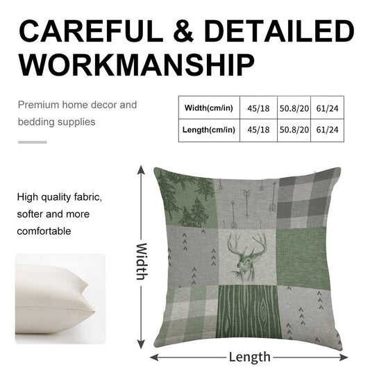 Rustic Deer Patchwork - GreenGrey Linen Throw Pillow Cover
