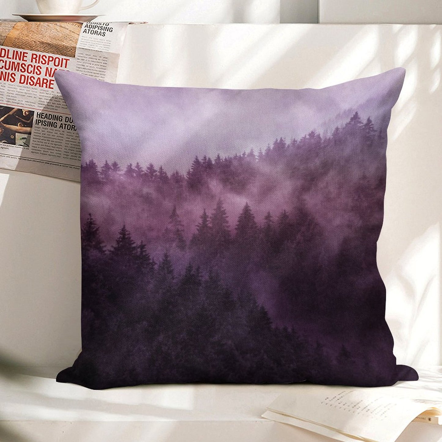 Excuse Me, I'm Lost  Laid Back In A Romantasy Moody Wilderness Dream Forest With Cascadia Trees Covered In Magic Fog Linen Throw Pillow Cover