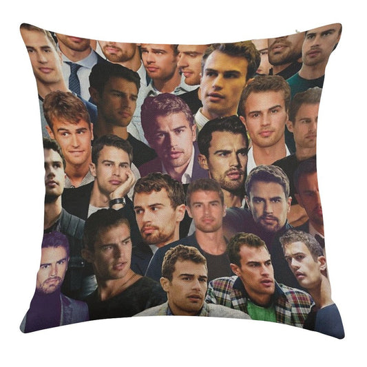 Theo James Photo Collage Linen Throw Pillow Cover