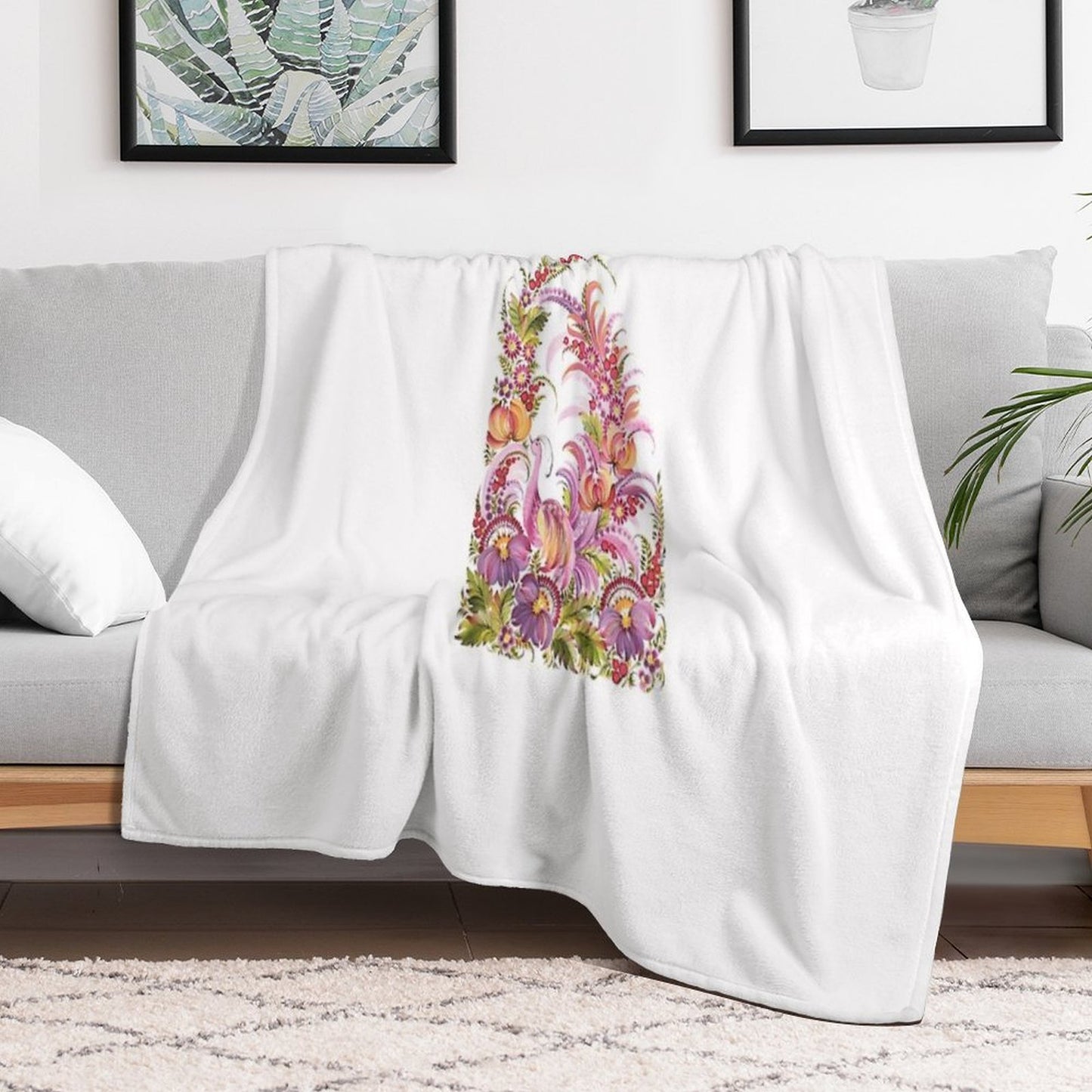 Pink Bird in Floral Bloom Throw Blanket
