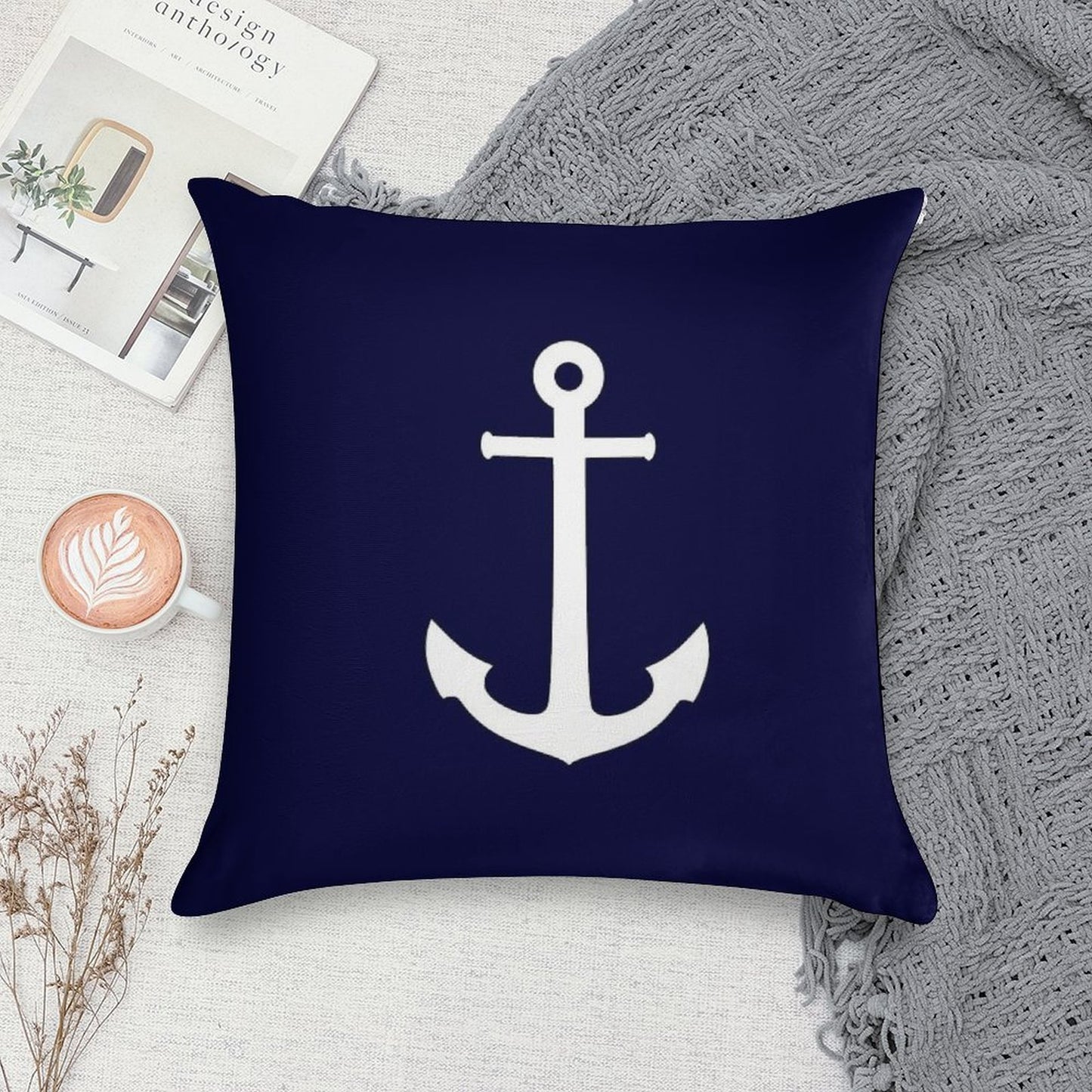 White Anchor On Navy Blue Soft Short Plush Fabric Throw Pillow
