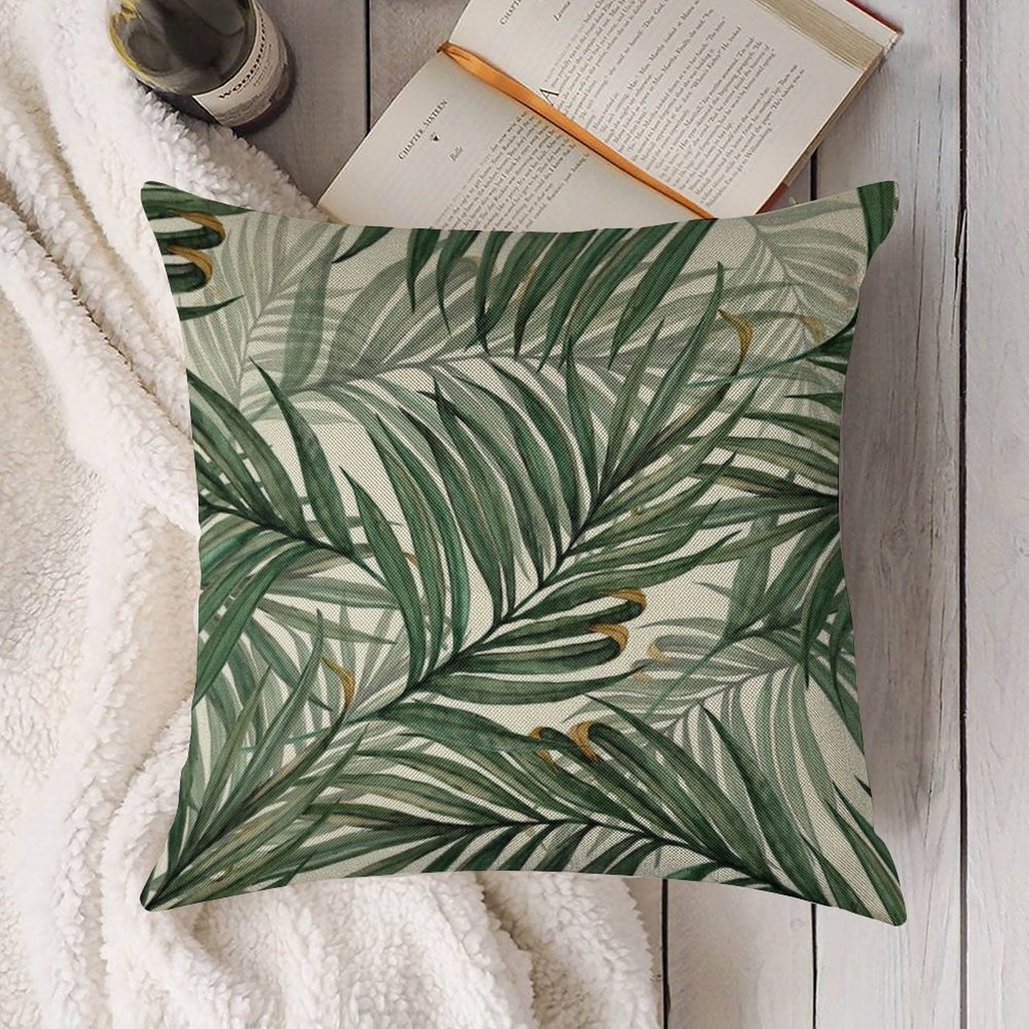 Palm Leaves Linen Throw Pillow Cover