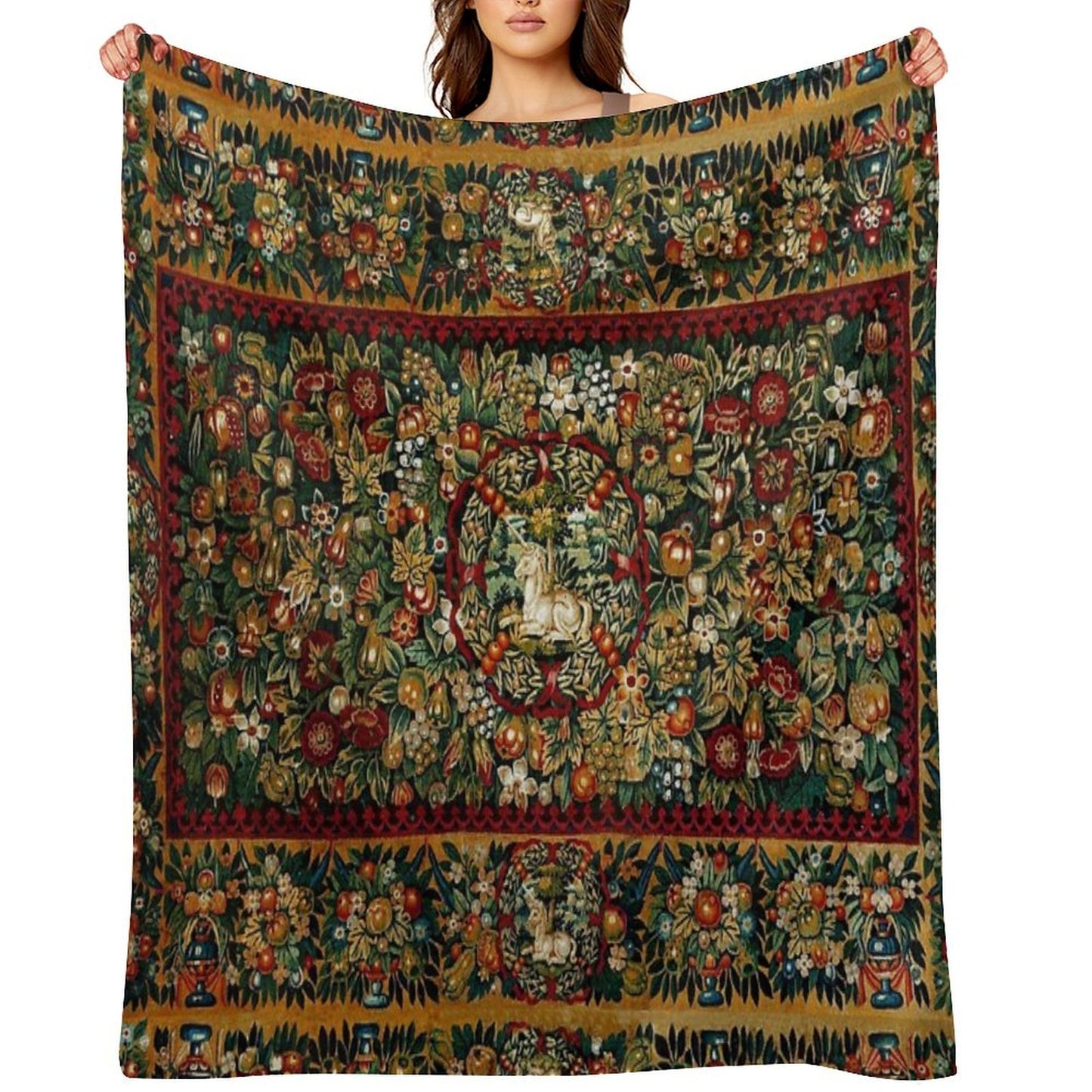 Medieval Unicorn Floral Tapestry Throw Blanket