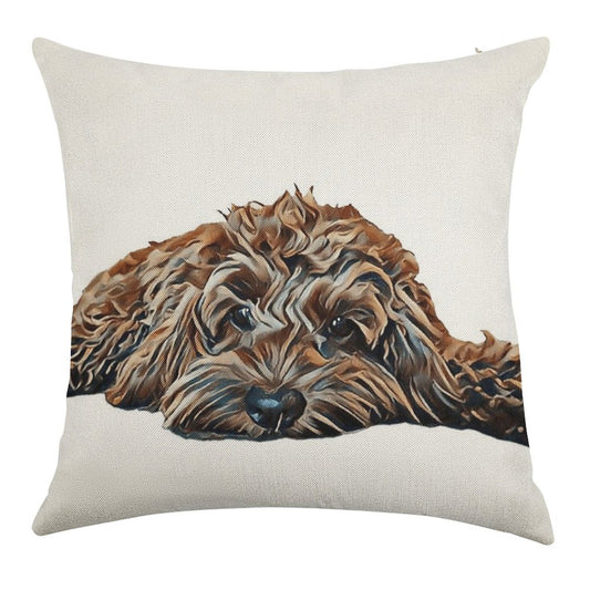 ChocolateBrown Cockapoo - White Background Linen Throw Pillow Cover