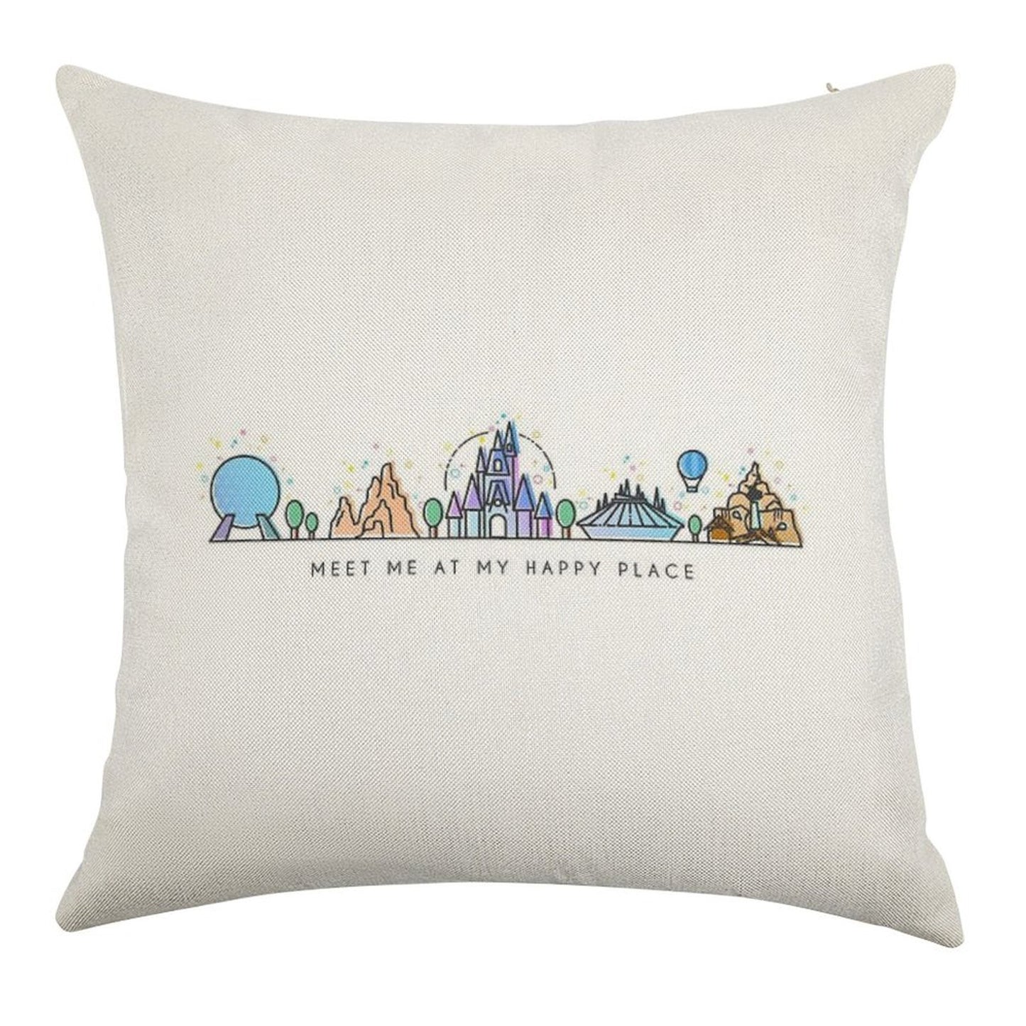 Meet Me at My Happy Place Vector Orlando Theme Park Illustration Design Linen Throw Pillow Cover