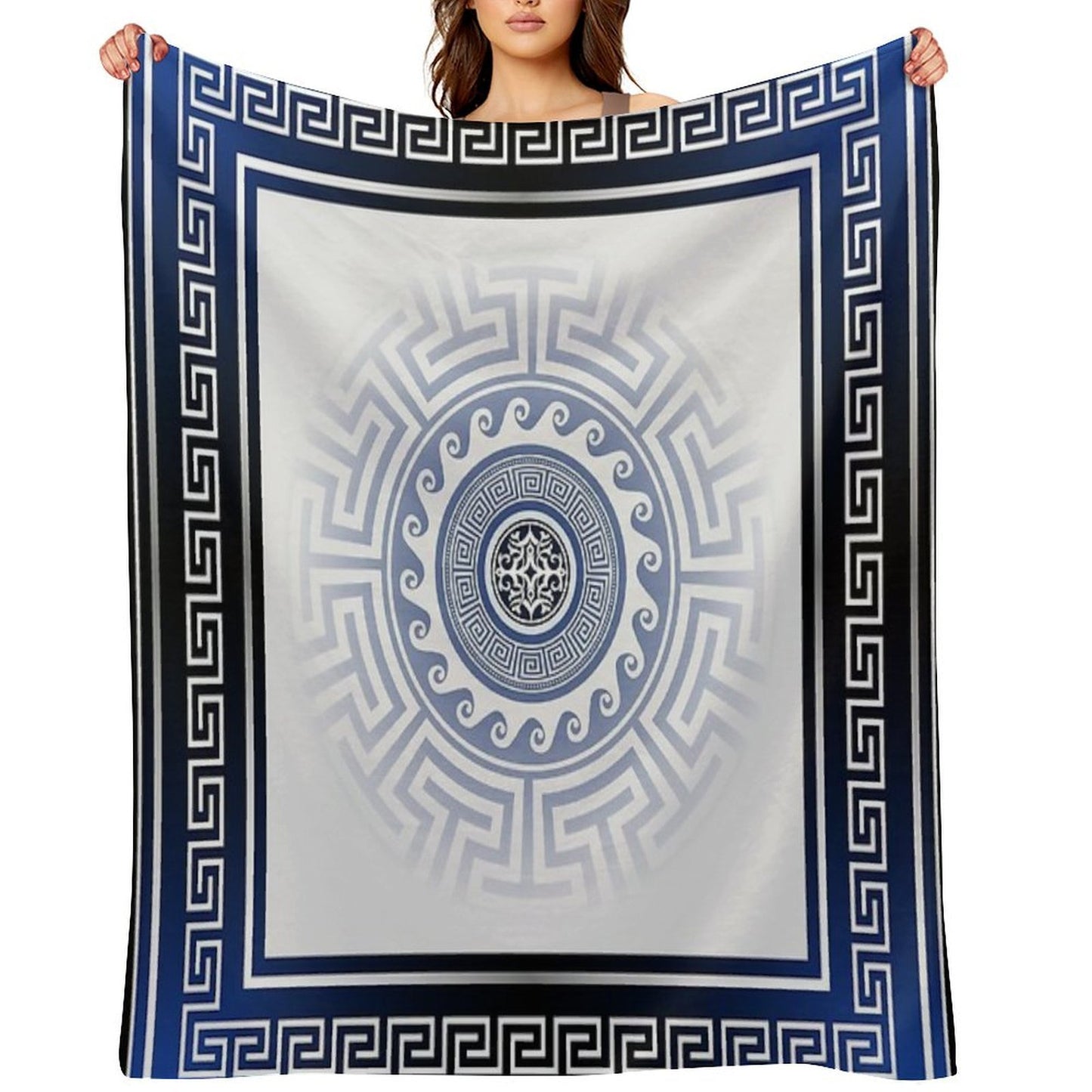 Greek Key Meander Blue White Silver Throw Blanket