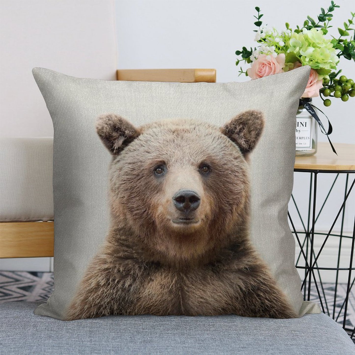 Grizzly Bear - Colorful Linen Throw Pillow Cover
