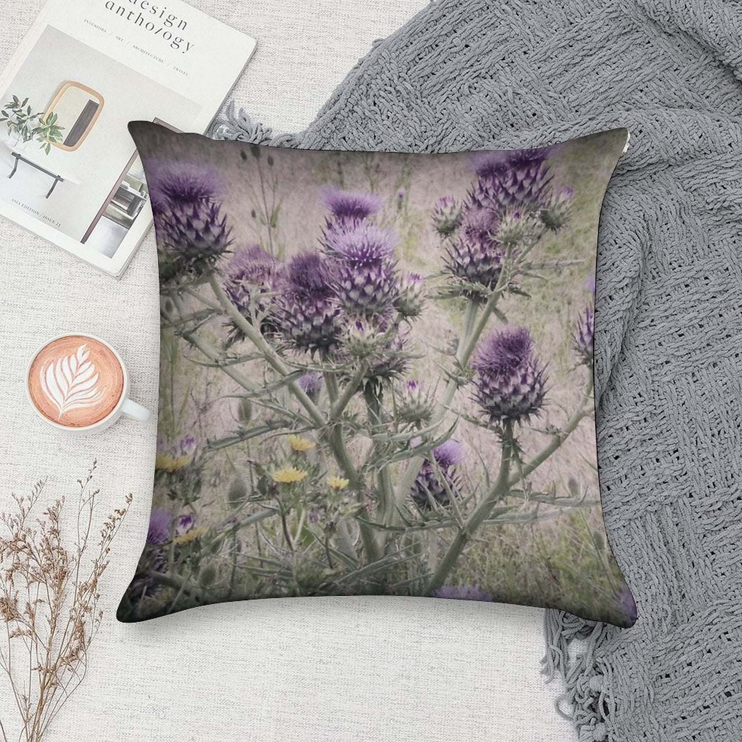 Purple Thistle Flowers with Yellow Daisies. Soft Reinforced Edging Throw Pillow