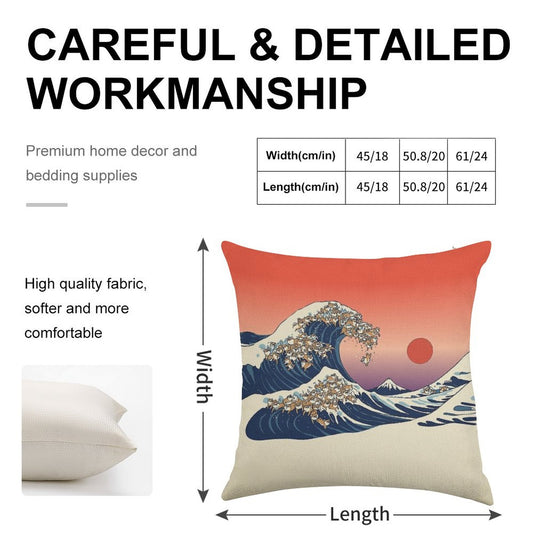 The Great Wave of Shiba Inu Linen Throw Pillow Cover