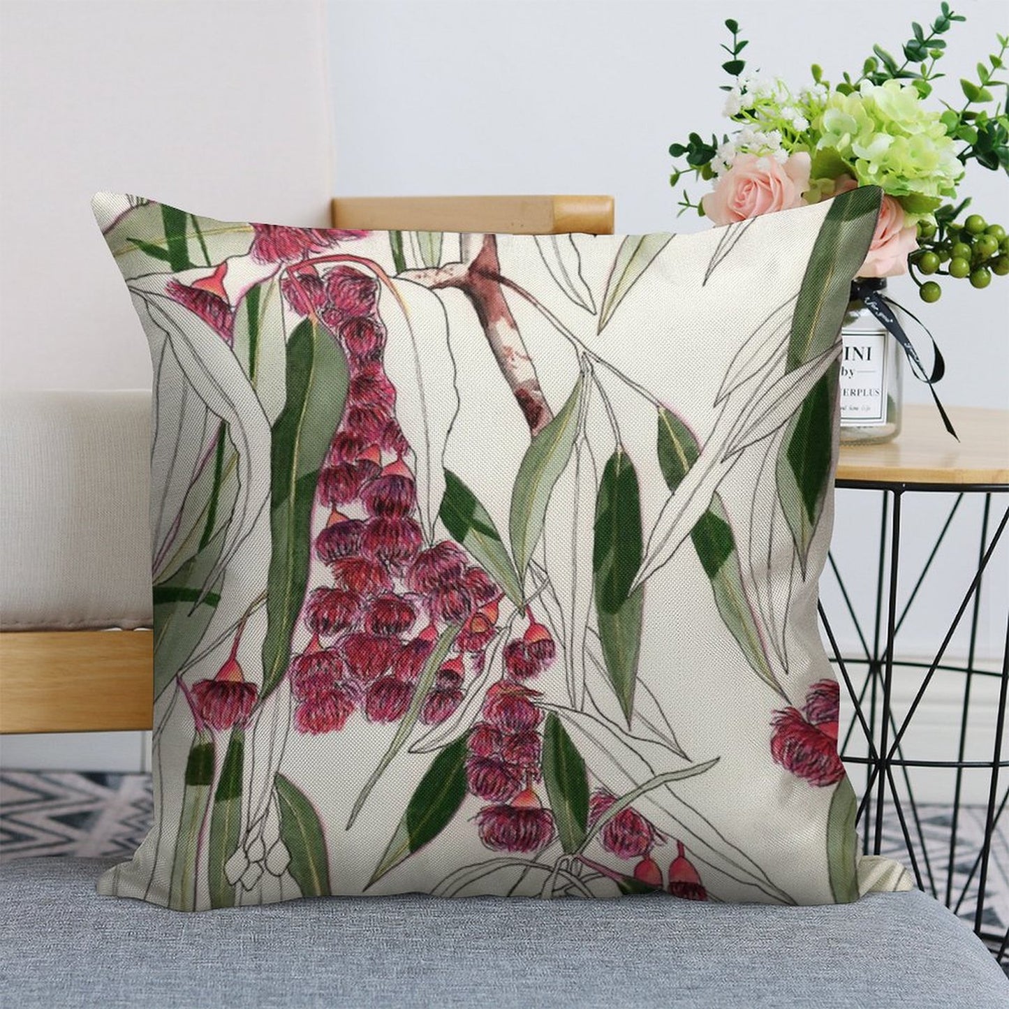 Flowering Gum Pink Australian Eucalyptus Leaves Linen Throw Pillow Cover