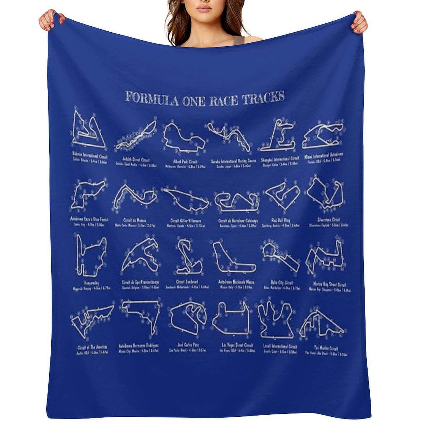 F1 Race Tracks (White Stencil-No Background) Throw Blanket