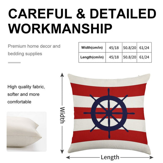 Nautical Navy Blue Ship's Steering Wheel On Red Stripes Linen Throw Pillow Cover