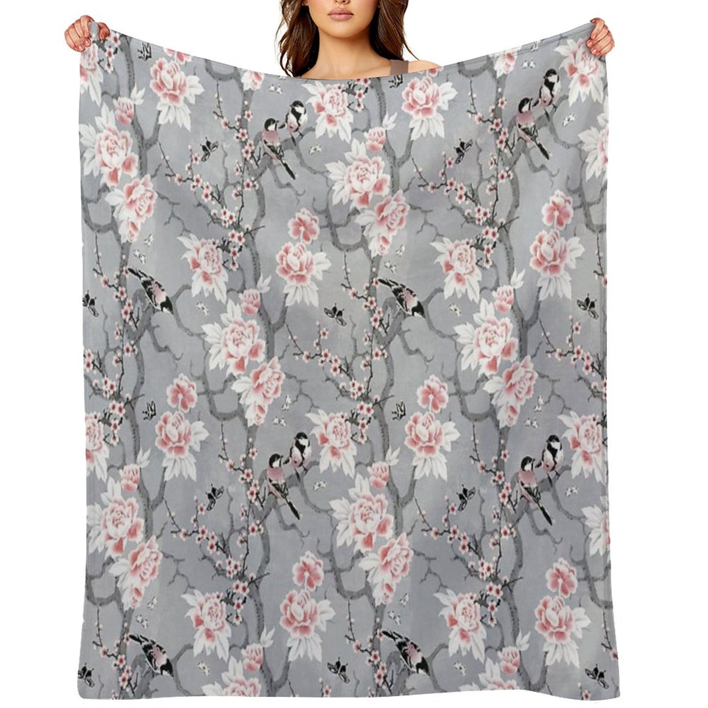 Chinoiserie Birds in Grey Throw Blanket