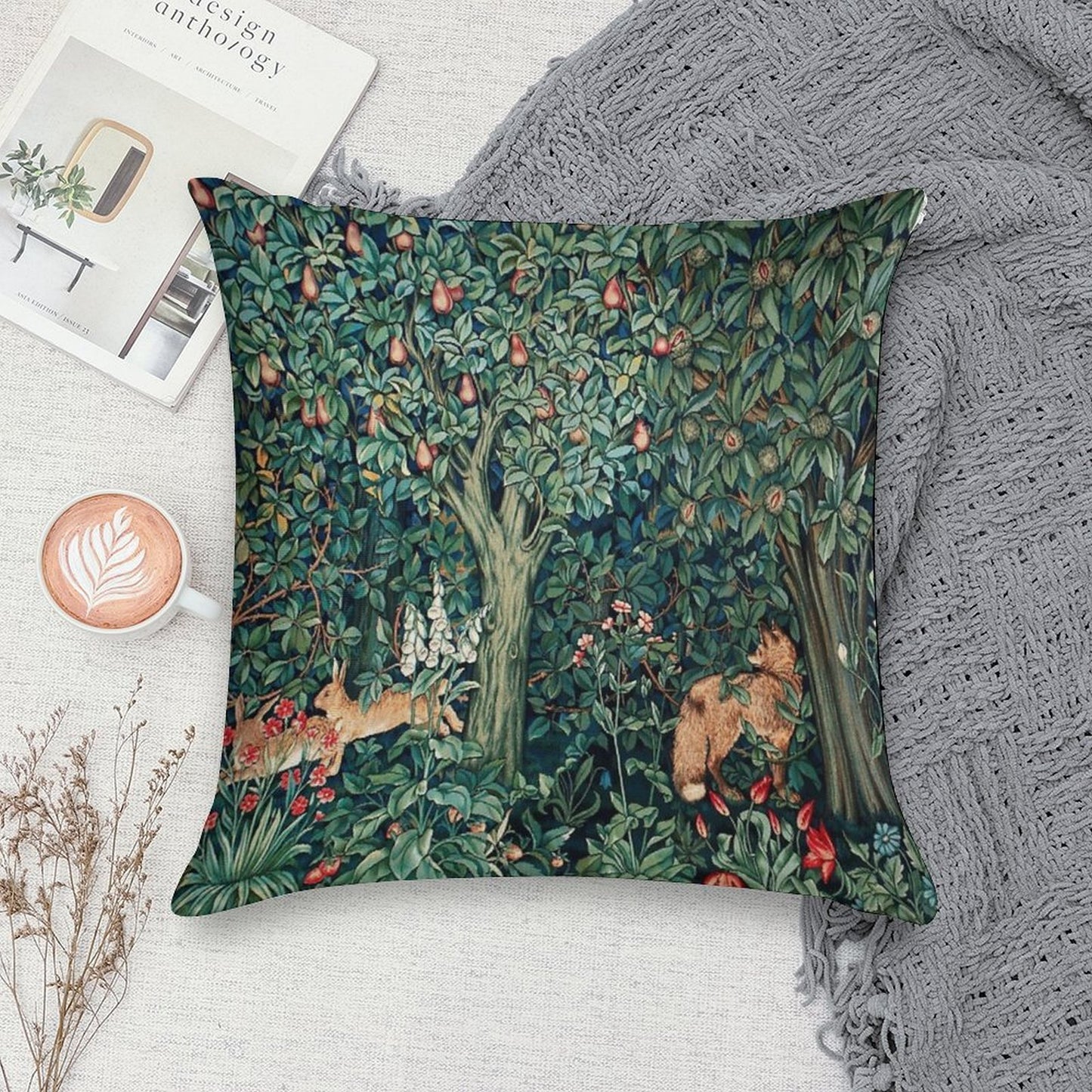 GREENERY, FOREST ANIMALS Fox And Hares Blue Green Floral Tapestry Soft Shrink-Resistant Throw Pillow