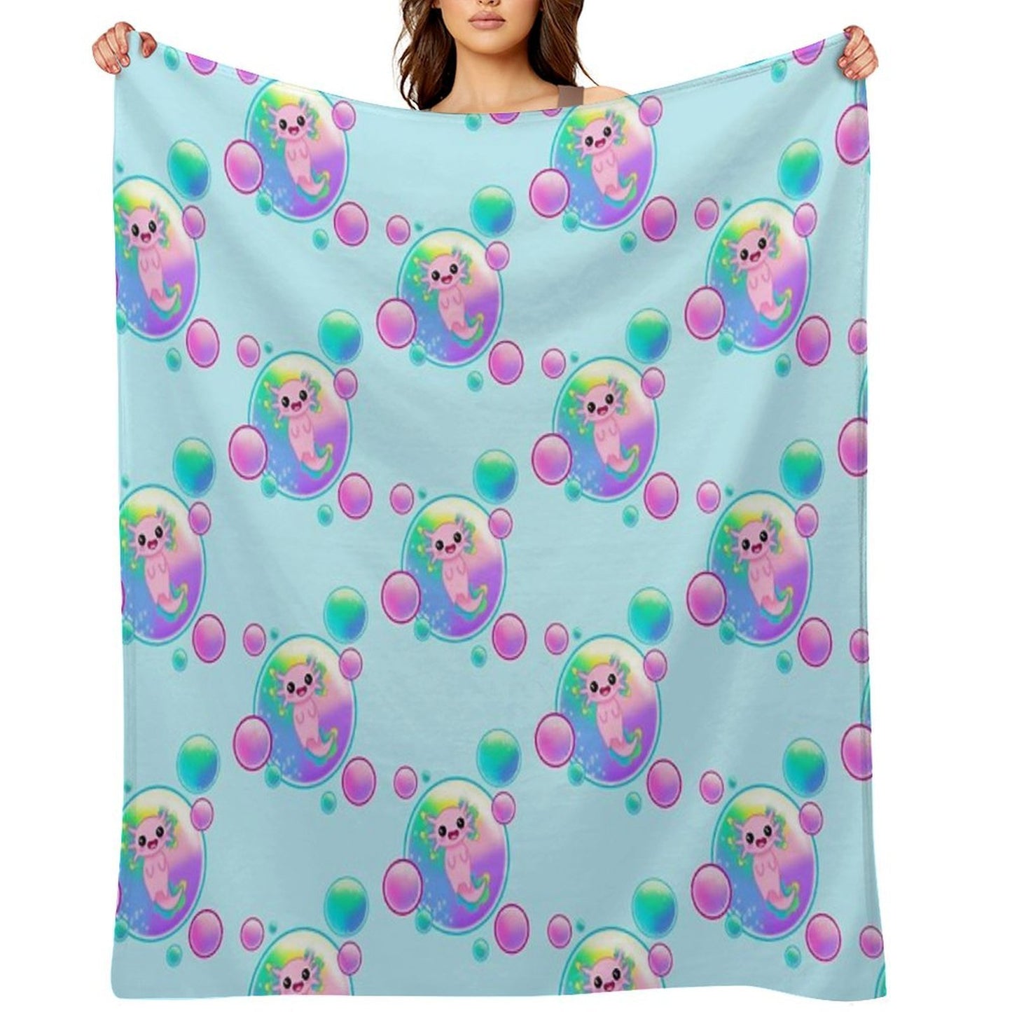 Kawaii Axolotl with Bubbles Throw Blanket