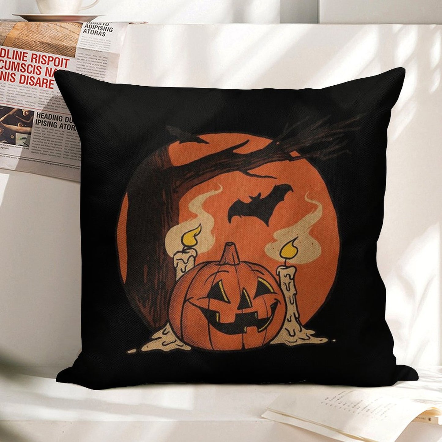 Vintage Pumpkin Scene Halloween Linen Throw Pillow Cover