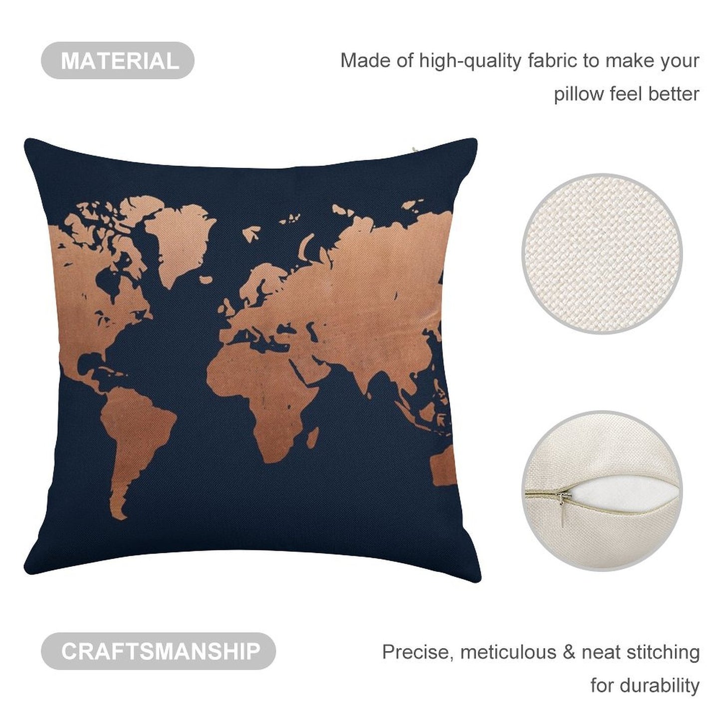 World Map - Navy Blue And Copper Linen Throw Pillow Cover