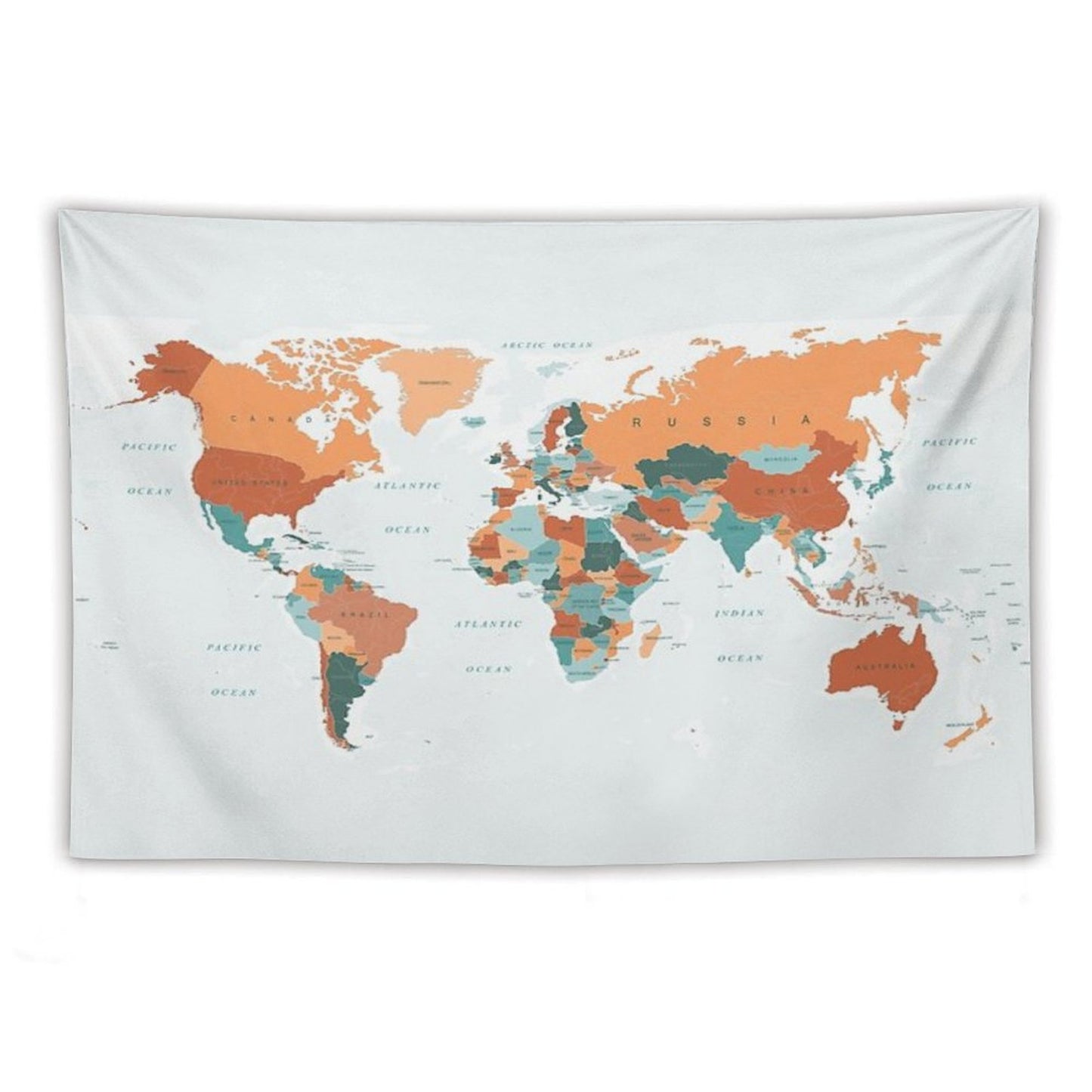 Map of The World in Burnt Orange And Teal Tapestry