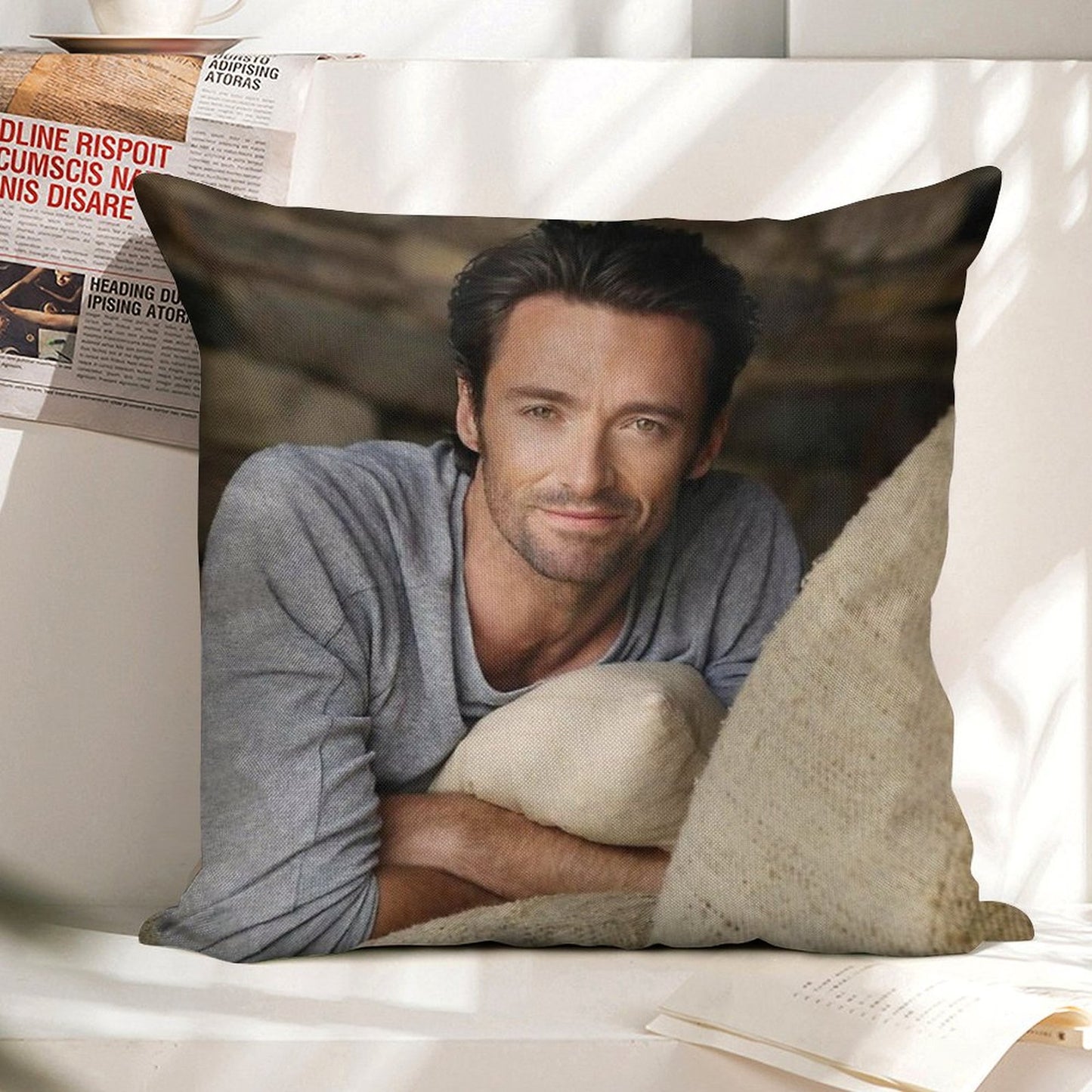 Hugh Jackman Linen Throw Pillow Cover