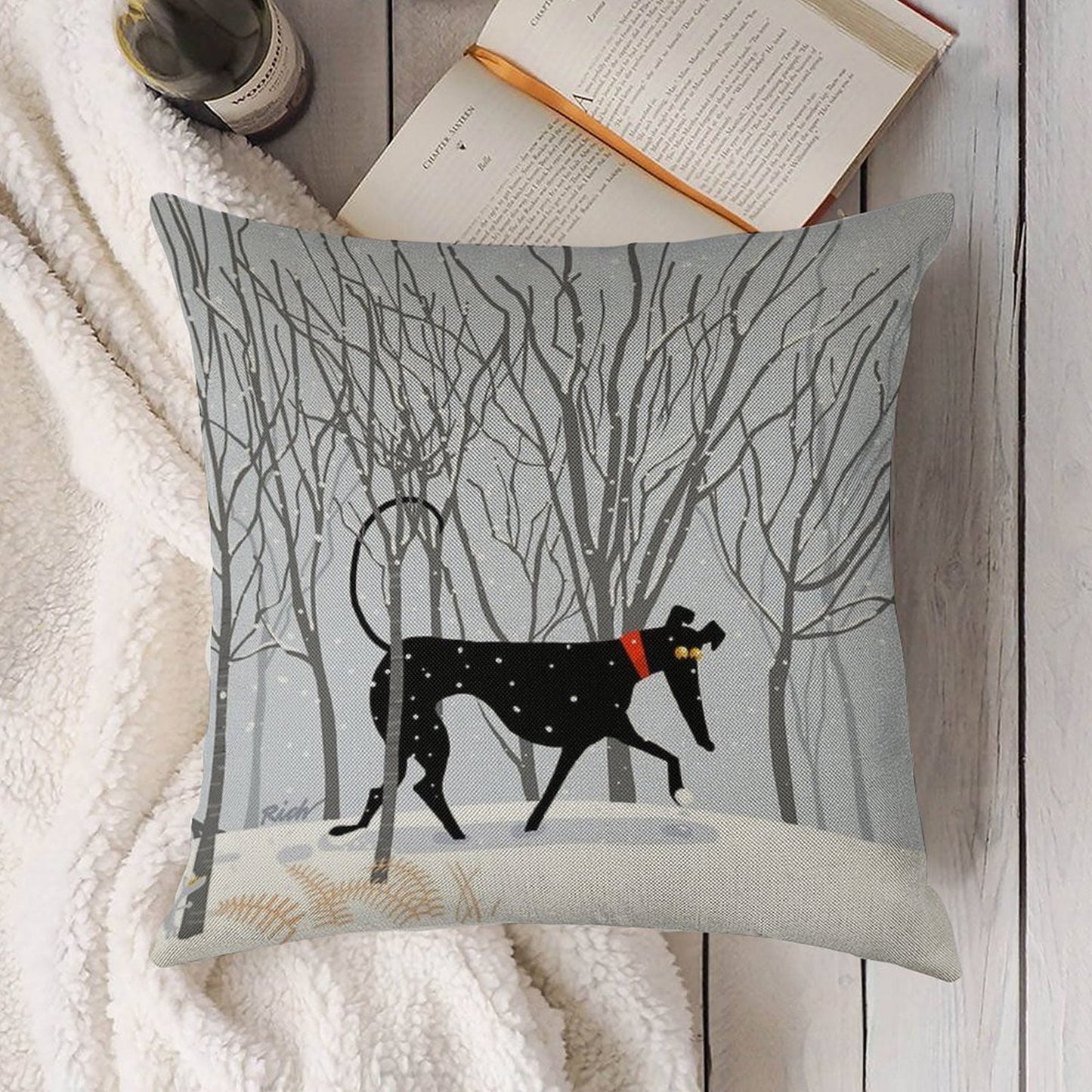 Winter Hound Linen Throw Pillow Cover