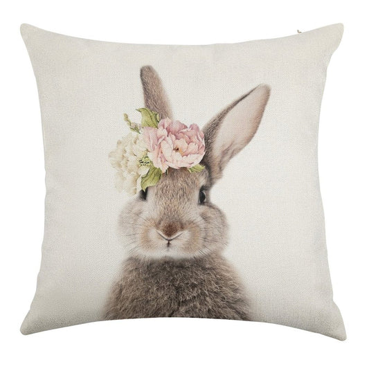 Peek-a-boo Floral Bunny Linen Throw Pillow Cover