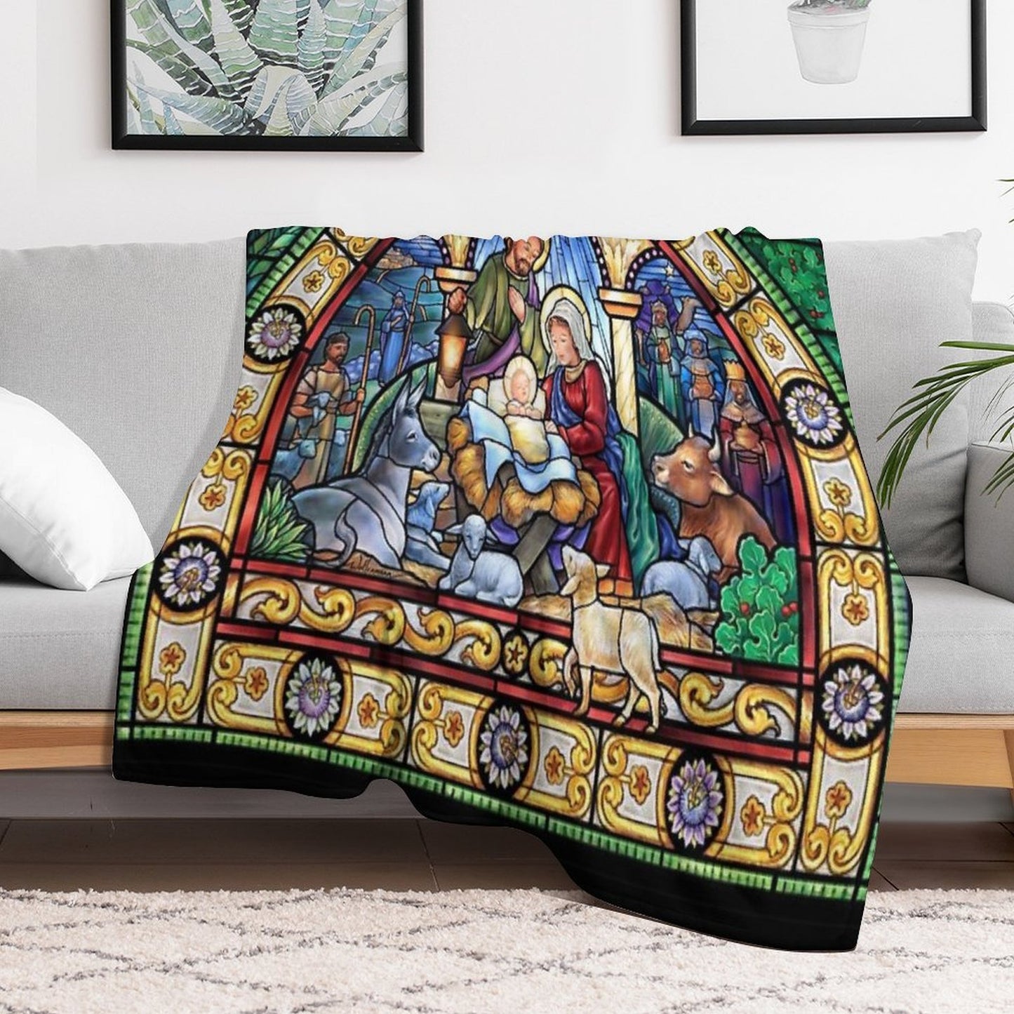 Stained Glass Nativity Throw Blanket