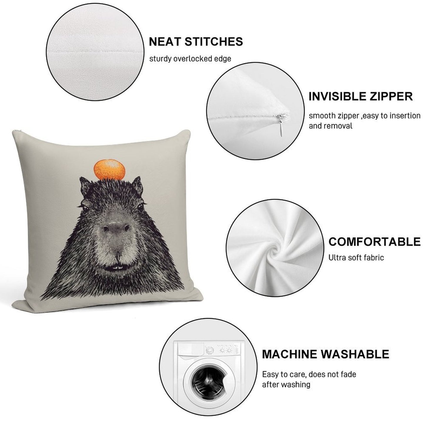 Capybara  Orange  Capy Yuzu  Capybara with Orange on Head  His Name - Gort  Portrait Soft Fade-Resistant Throw Pillow