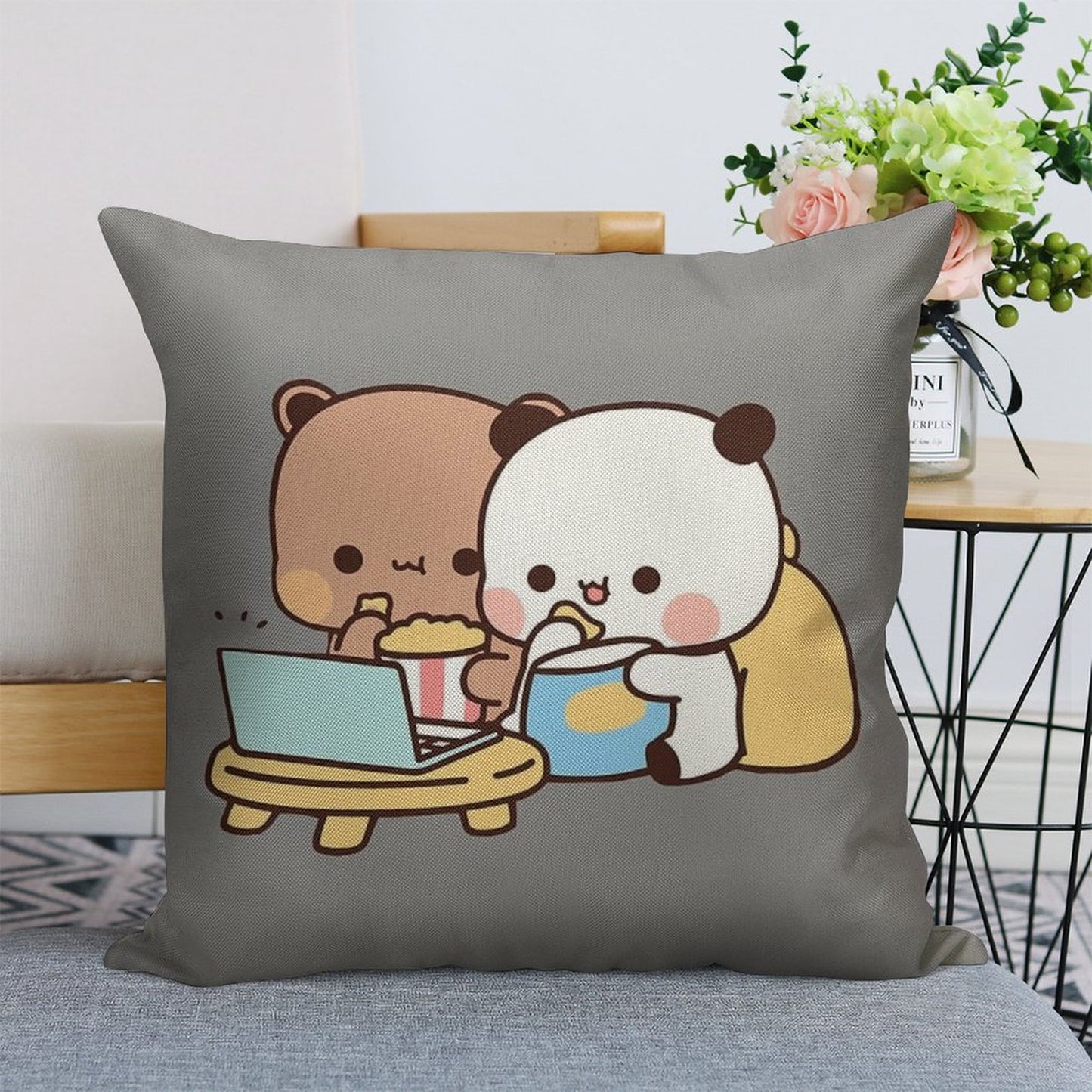 DuDu Bear And BuBu Panda Watching Movie Together❤️ Linen Throw Pillow Cover