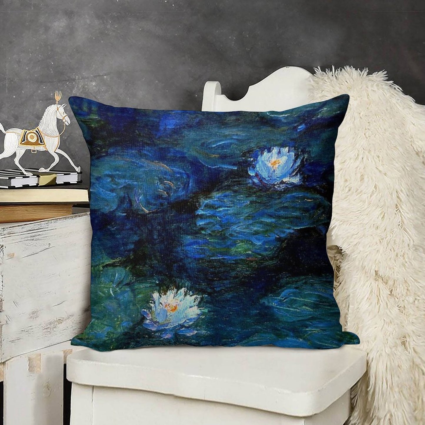 Water Lilies Monet Deep Blue Linen Throw Pillow Cover