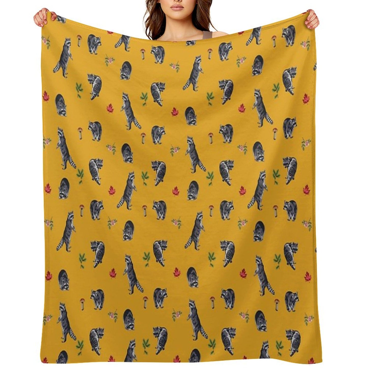 Mustard Raccoon Pattern Throw Blanket