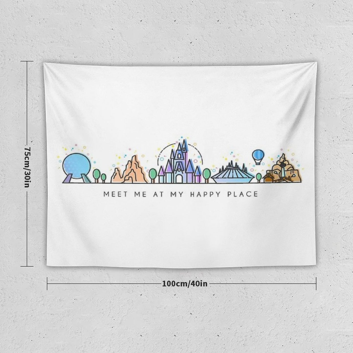 Meet Me at My Happy Place Vector Orlando Theme Park Illustration Design Tapestry