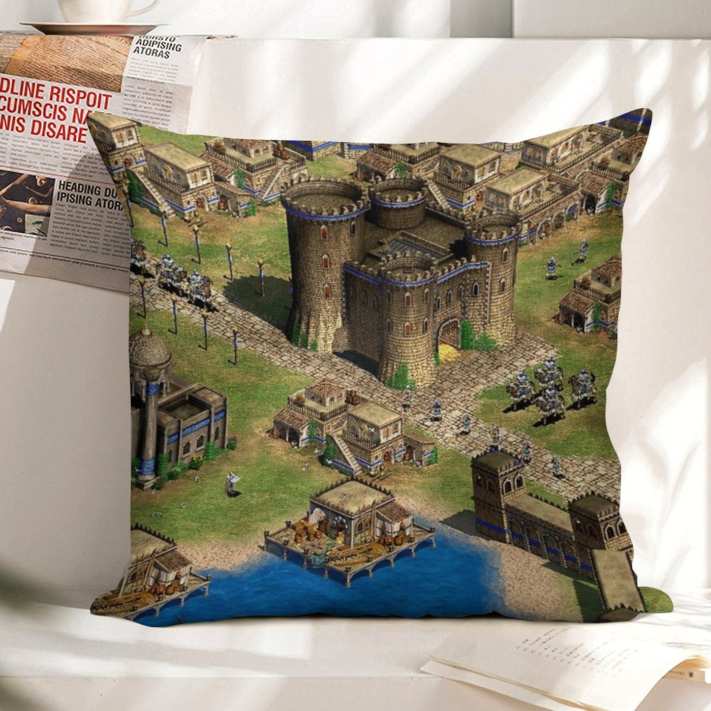 Age of Empires 2 Oriental Town Linen Throw Pillow Cover