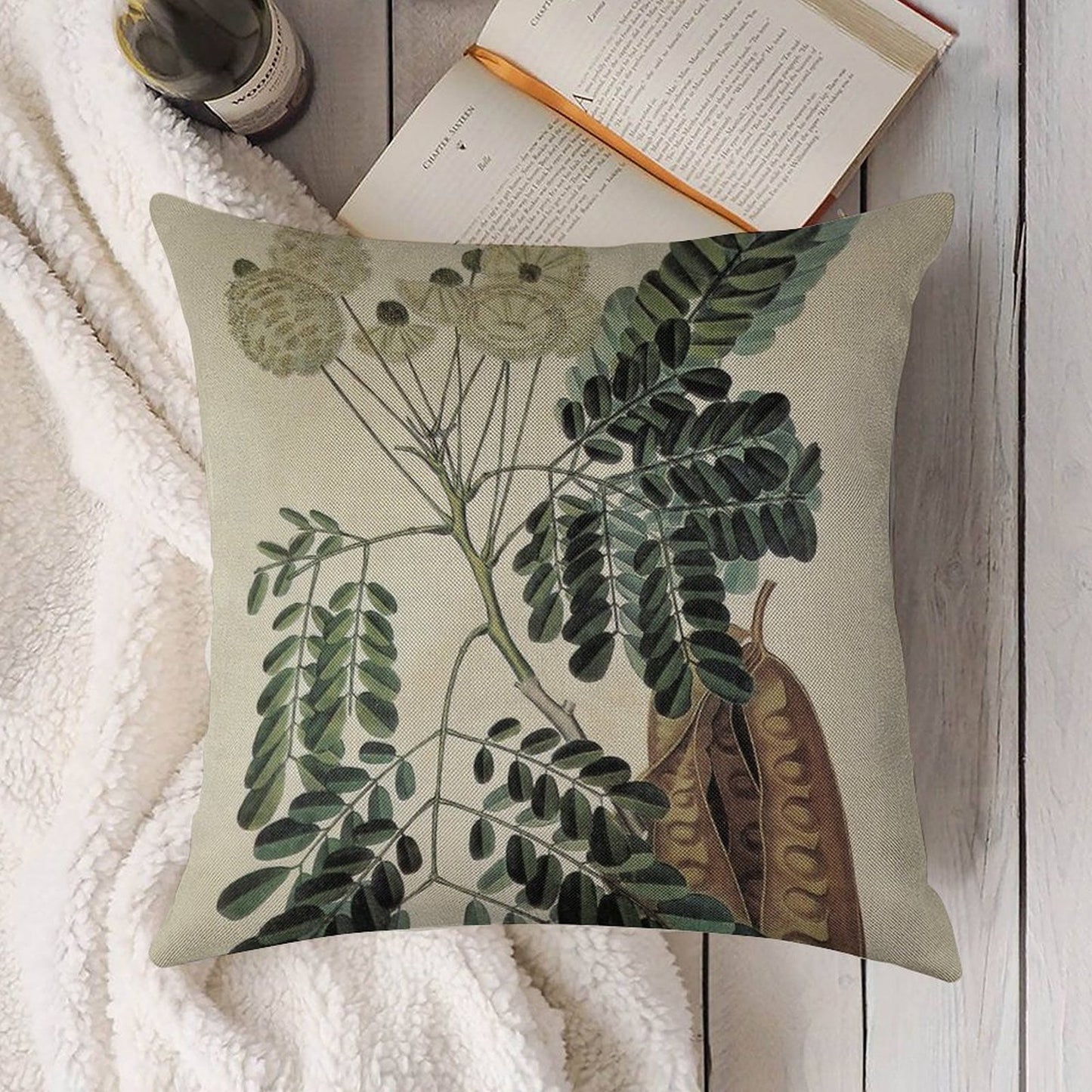 Acacia Vintage Botanical Print Linen Throw Pillow Cover