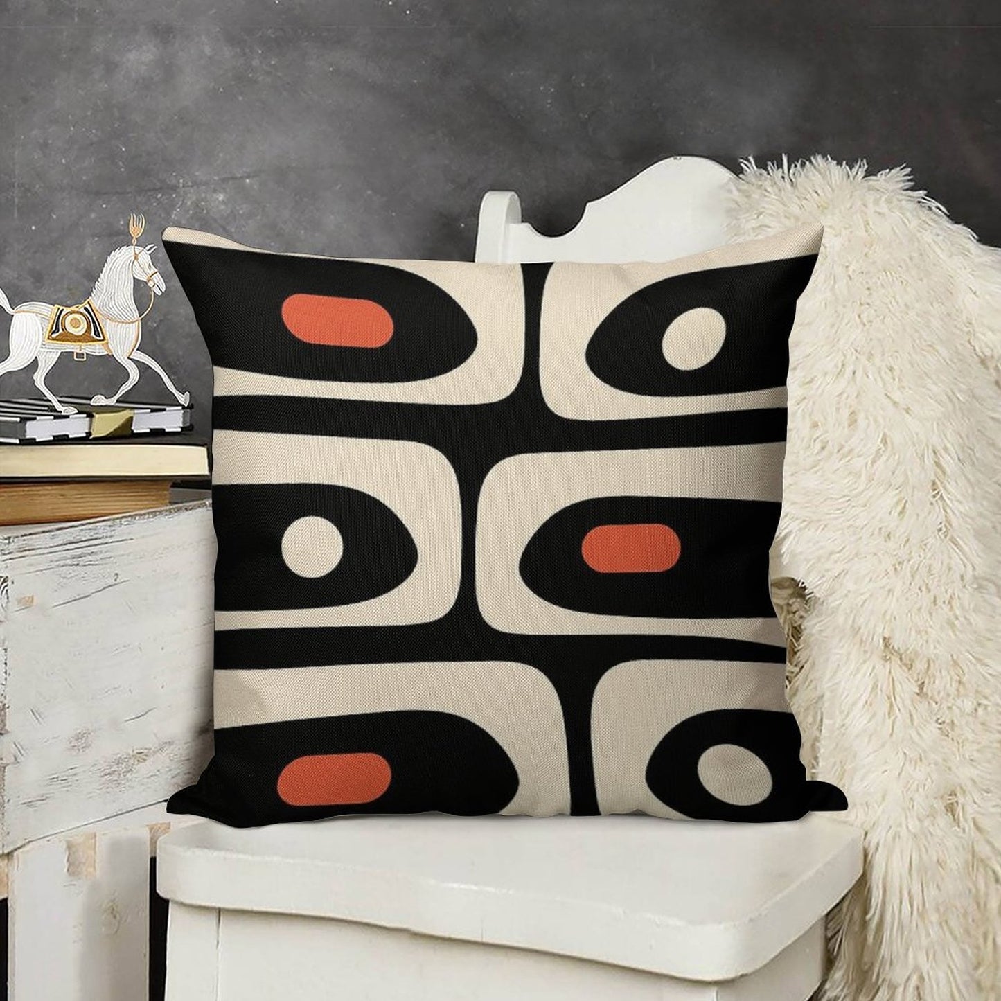 Mid Century Modern Piquet Abstract Pattern Black, Orange, And Almond Cream Linen Throw Pillow Cover