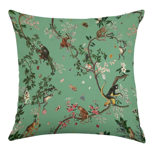 Monkey World Green Linen Throw Pillow Cover