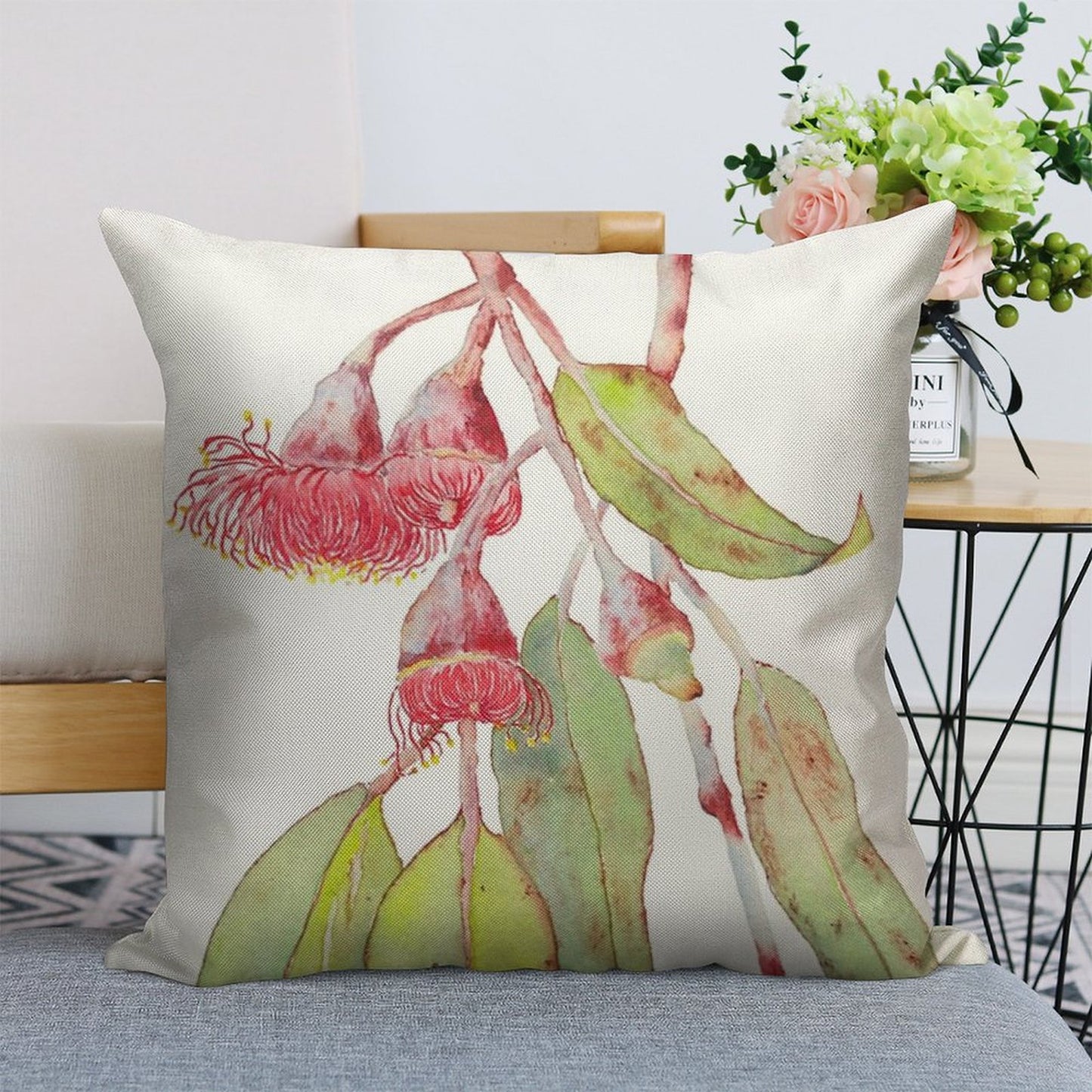 Flowering Silver Princess Eucalyptus Watercolor Linen Throw Pillow Cover