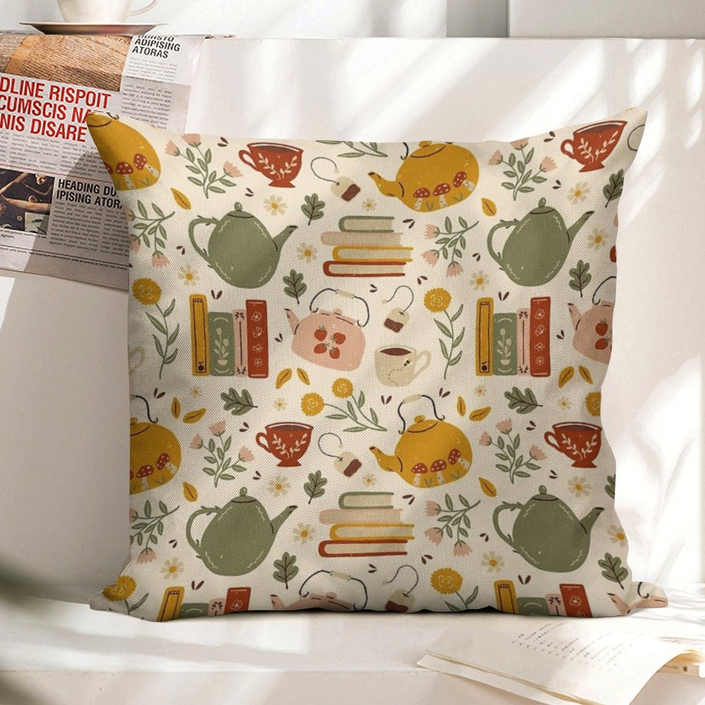 Flowery Books And Tea Linen Throw Pillow Cover