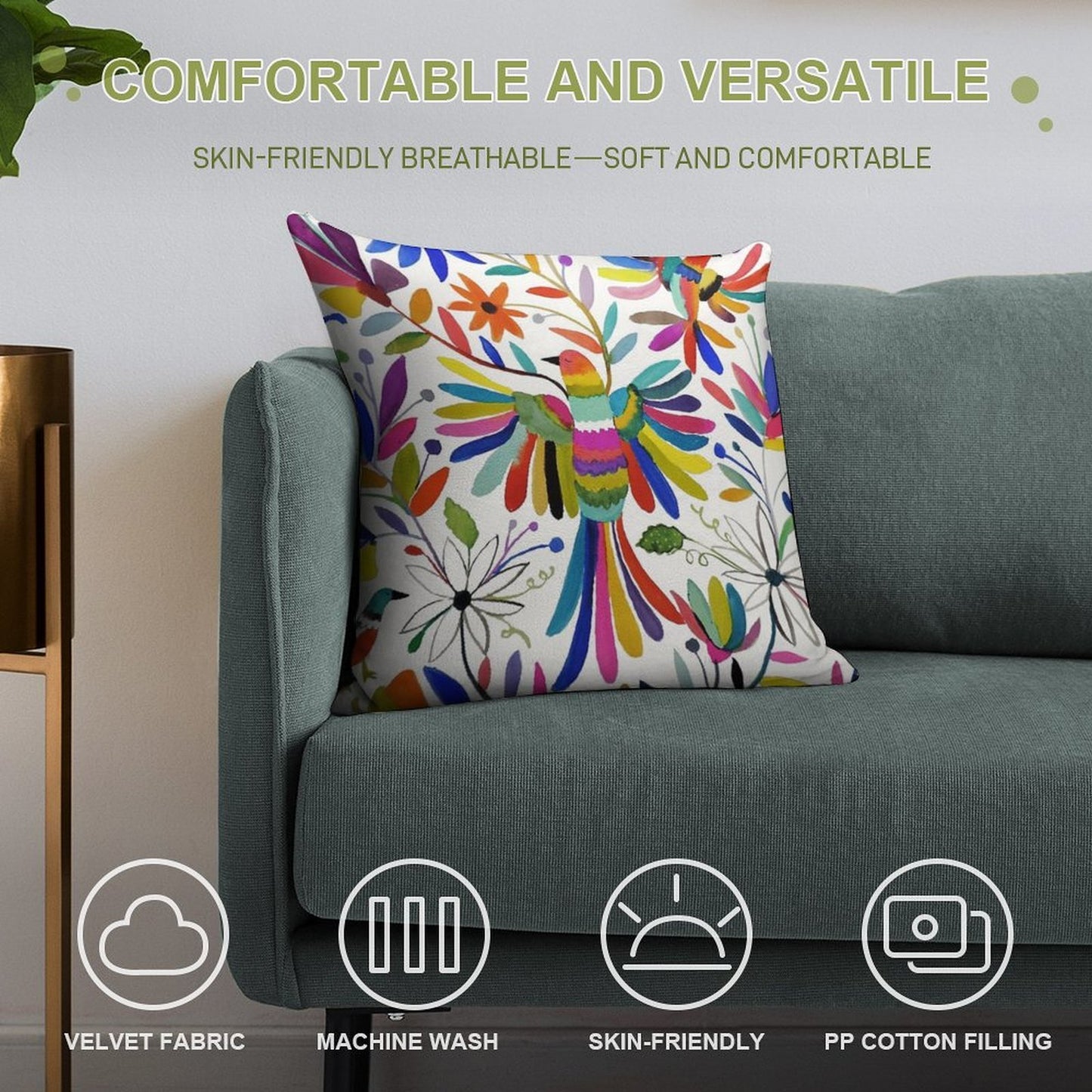 Otomi Bird Soft Skin-Friendly Throw Pillow