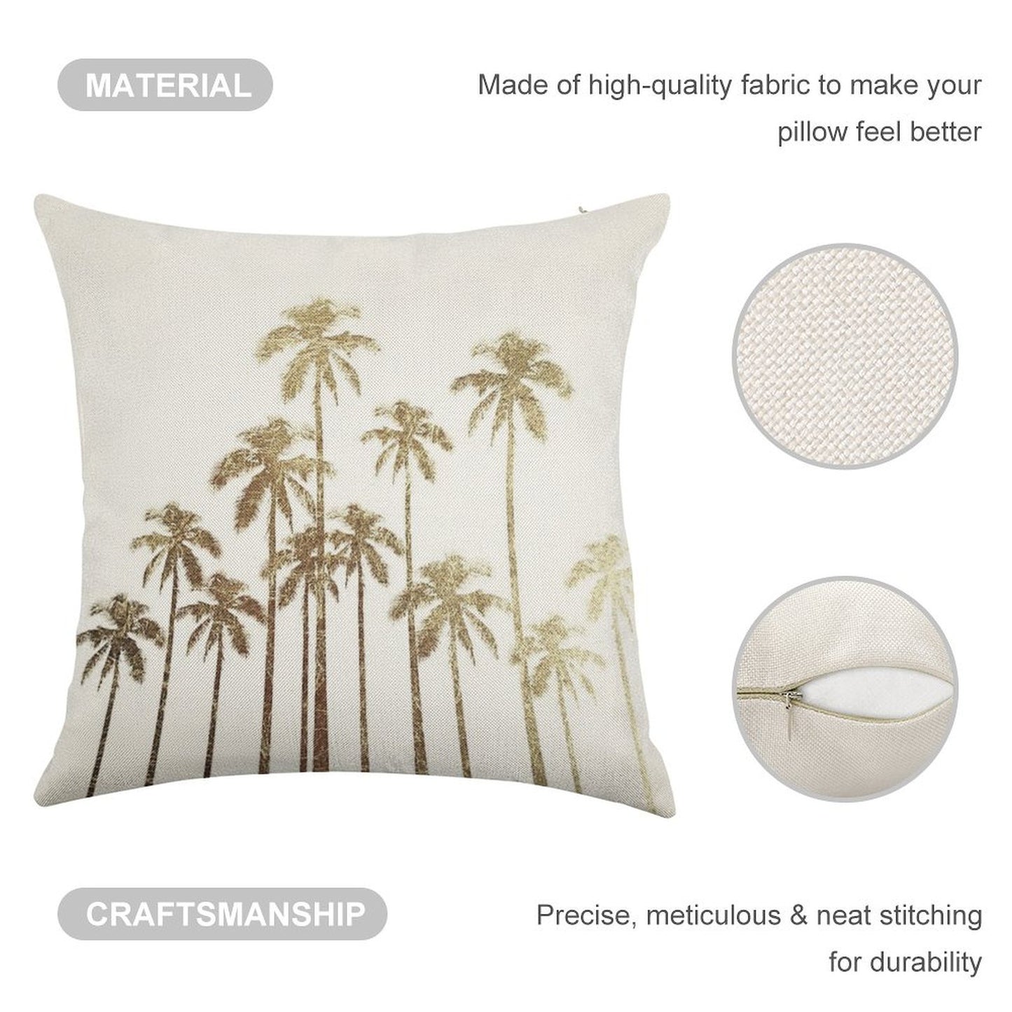 Glamorous Gold Tropical Palm Trees on White Linen Throw Pillow Cover