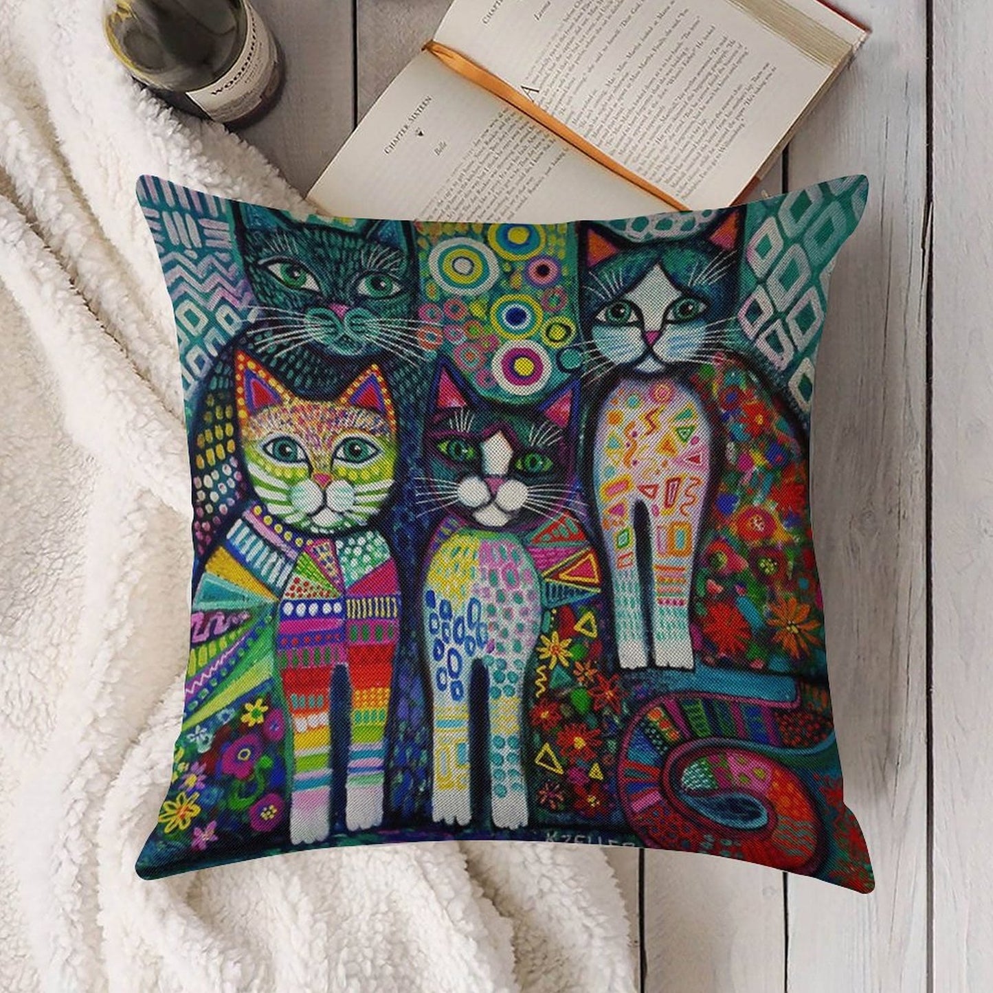 Quirky Cats Linen Throw Pillow Cover