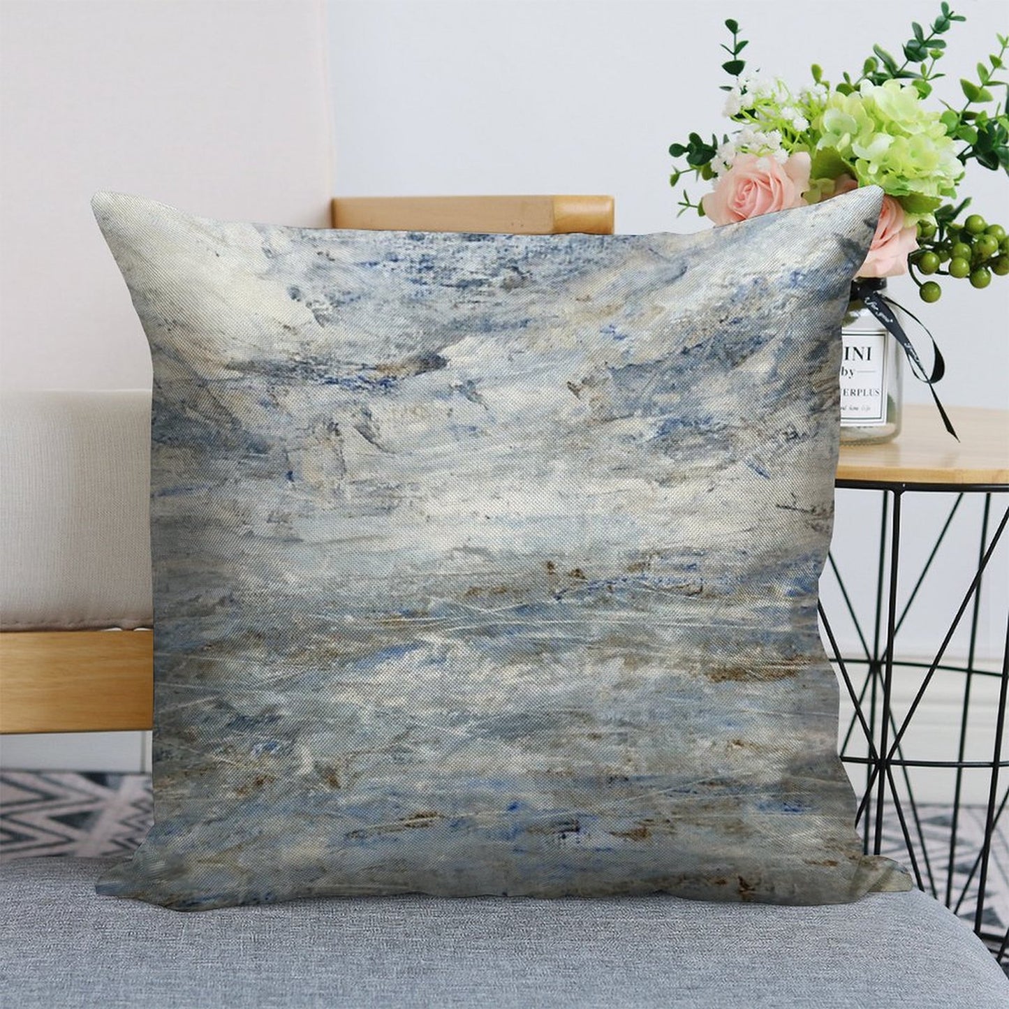 Abstract Seascape in Grey And Blue Linen Throw Pillow Cover
