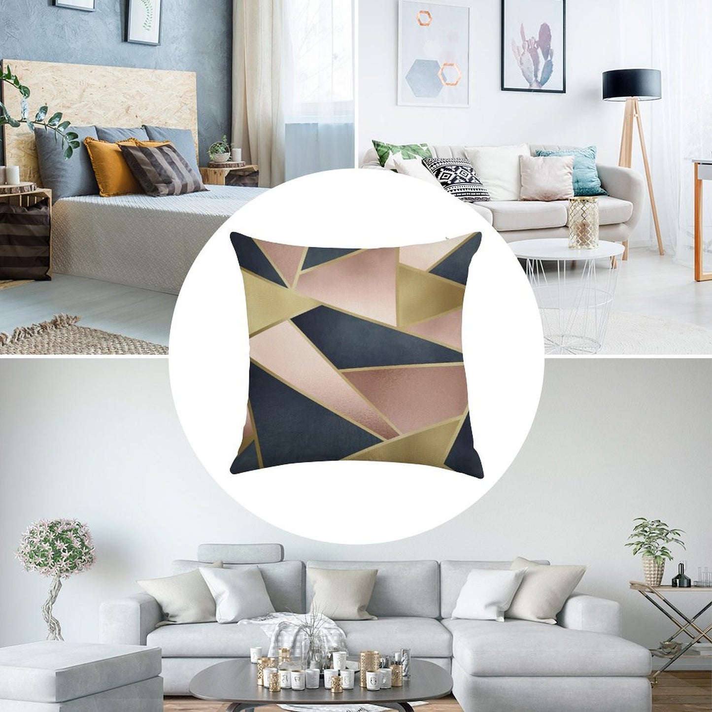 Geometric, Rose Gold, Pink, Gold And Navy Blue, Abstract, Pattern Linen Throw Pillow Cover