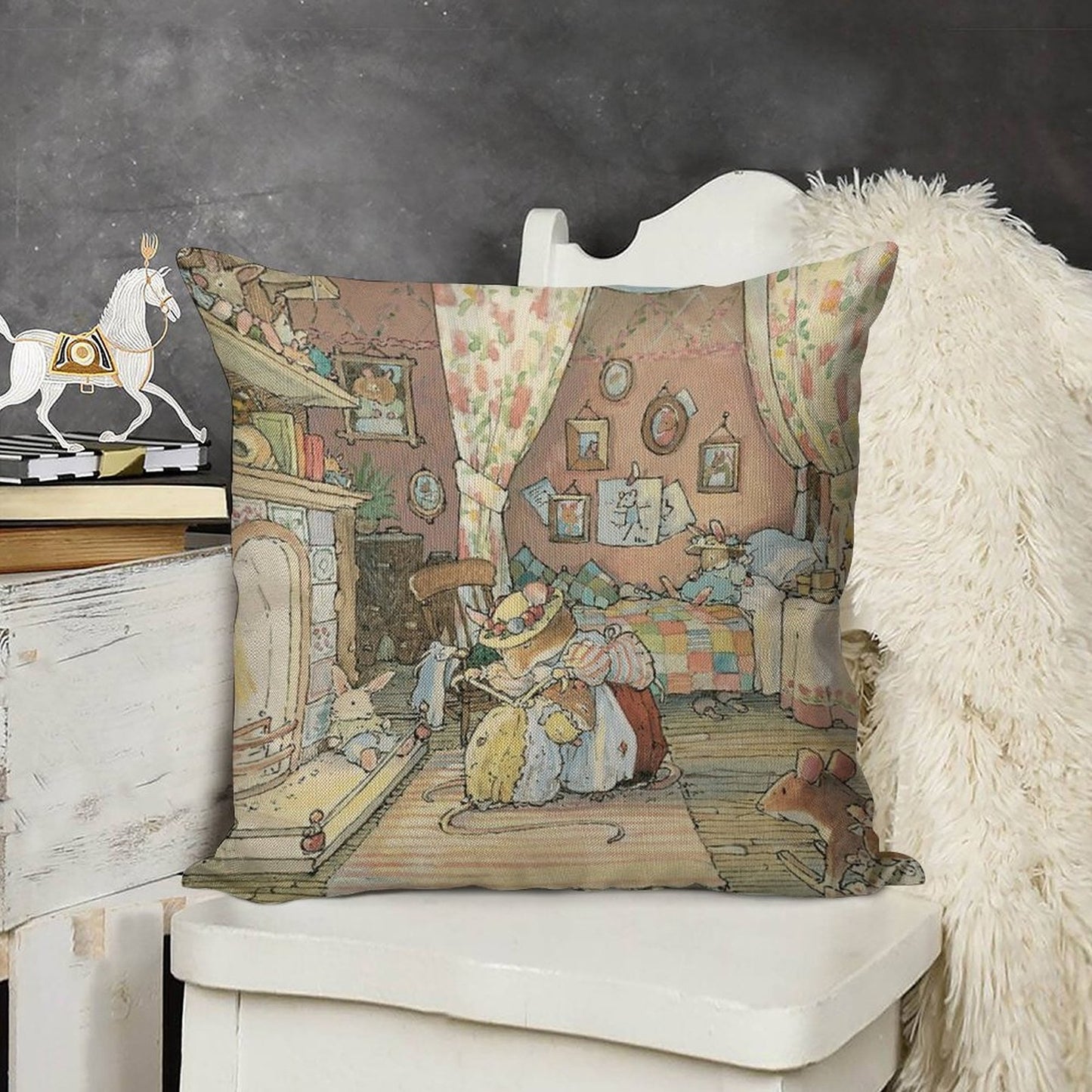 Lady Woodmouse Gets Primrose Ready for Bed Linen Throw Pillow Cover
