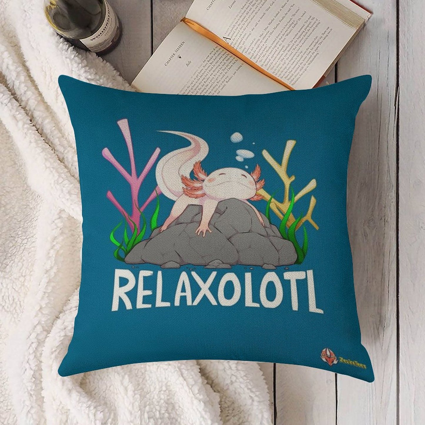 Relaxolotl A Cute Relaxing Axolotl on A Rock Linen Throw Pillow Cover