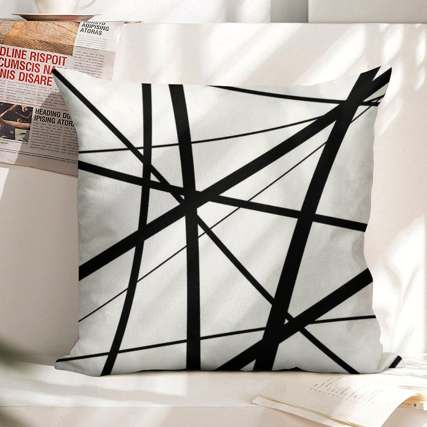 Black And White Geometric Lines Linen Throw Pillow Cover