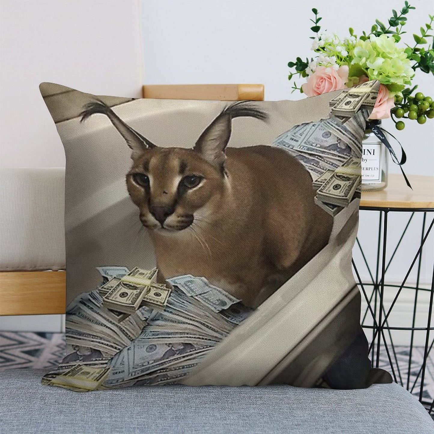 Big Floppa Cash Linen Throw Pillow Cover