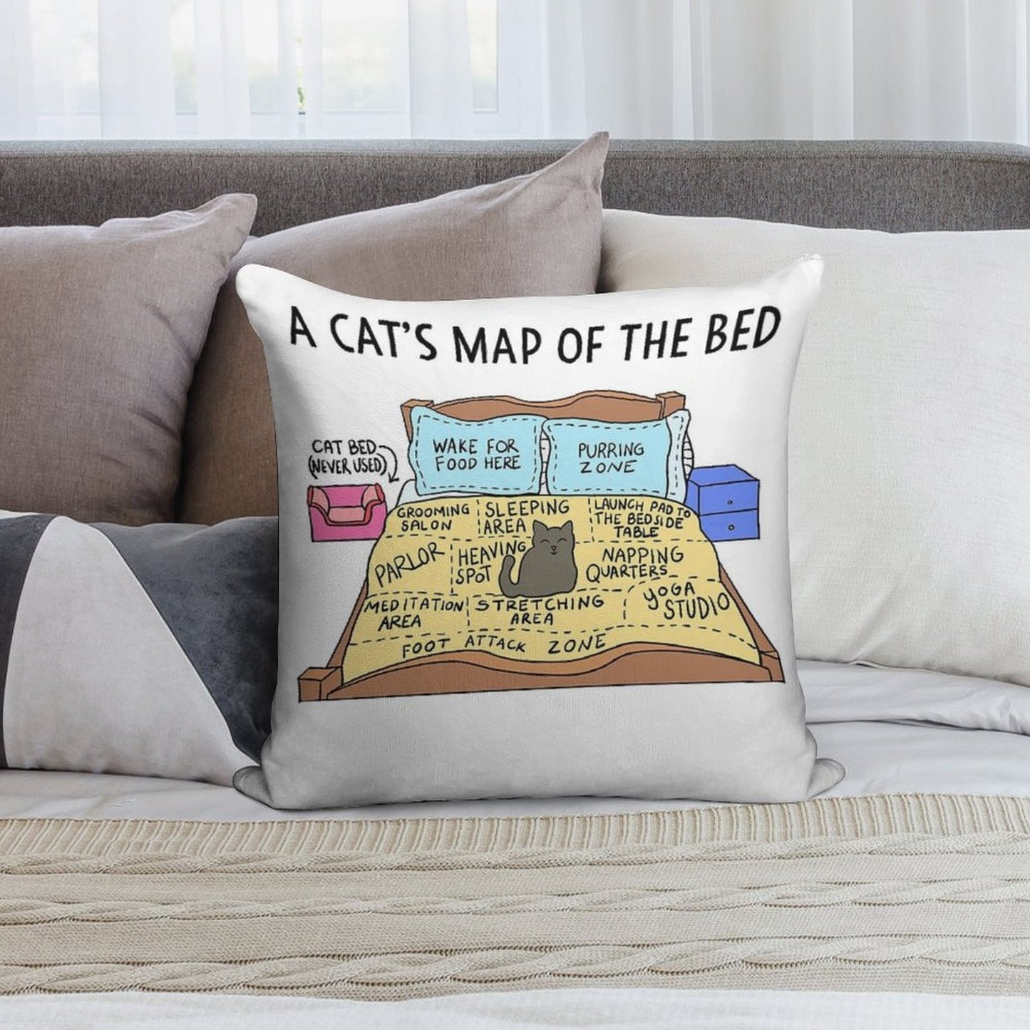 Cats Map of The Bed Funny Cat Gift for Cat Owner Soft Anti-Pilling Throw Pillow