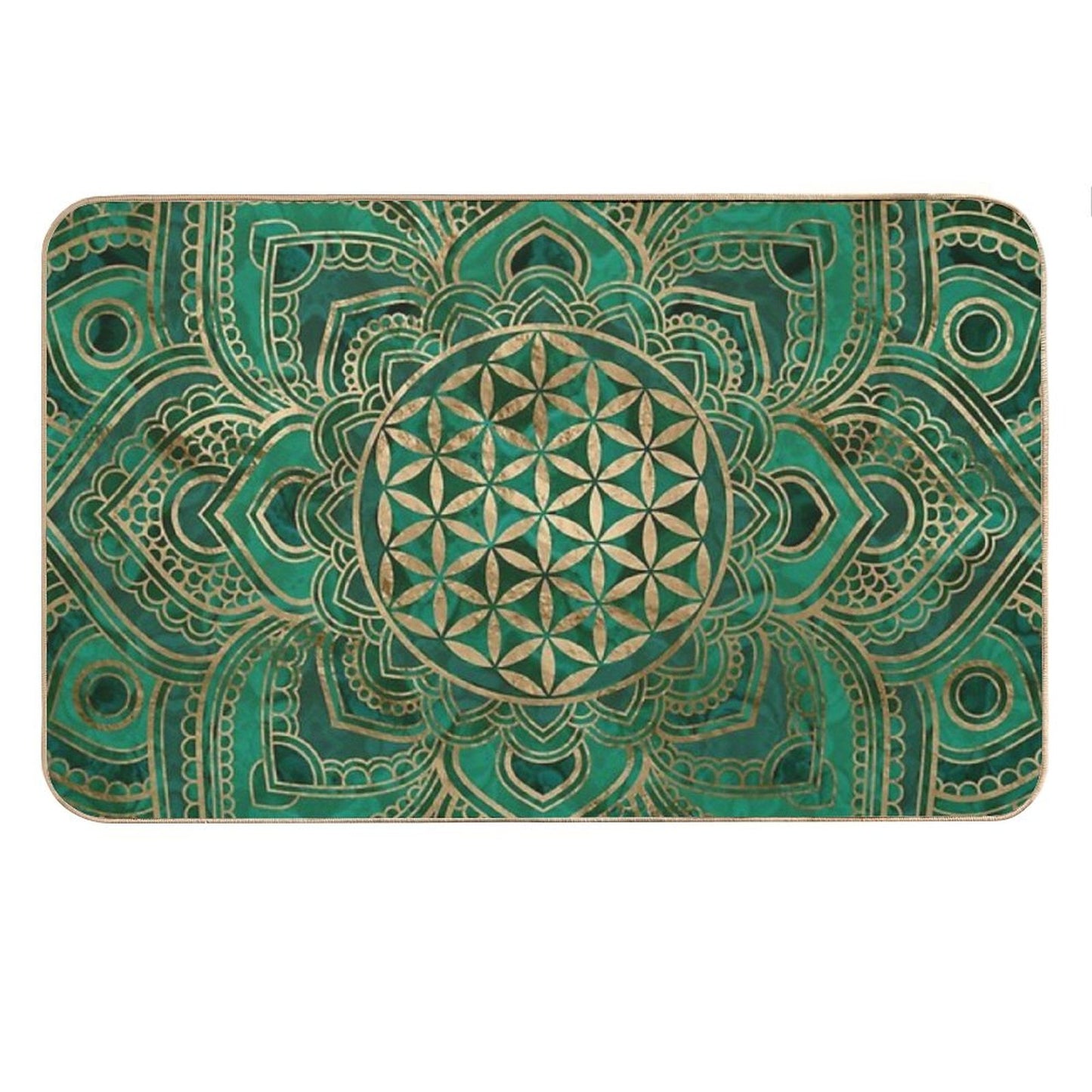 Flower of Life in Lotus - Malachite And Gold Bath Mat