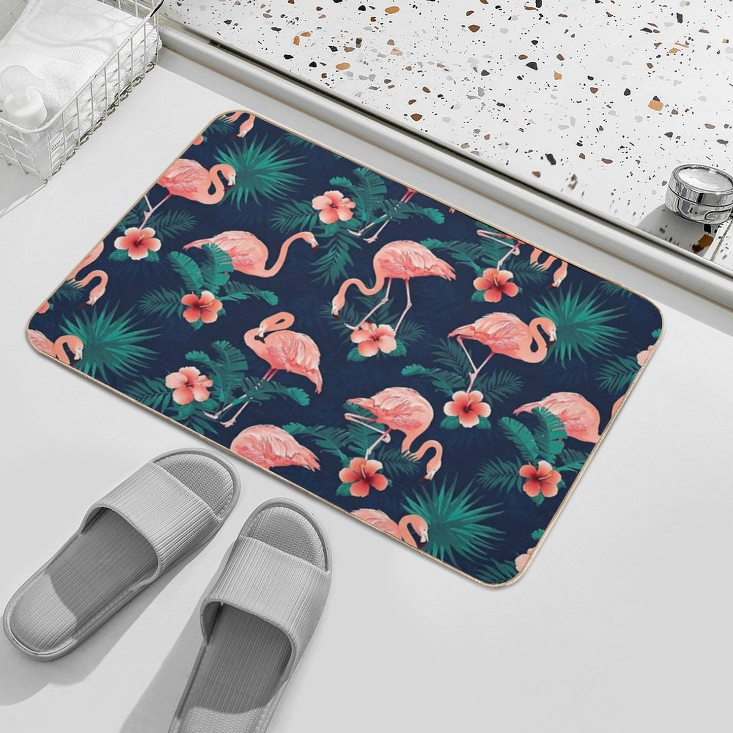 Flamingo Hibiscus Tropical Leaves Bath Mat
